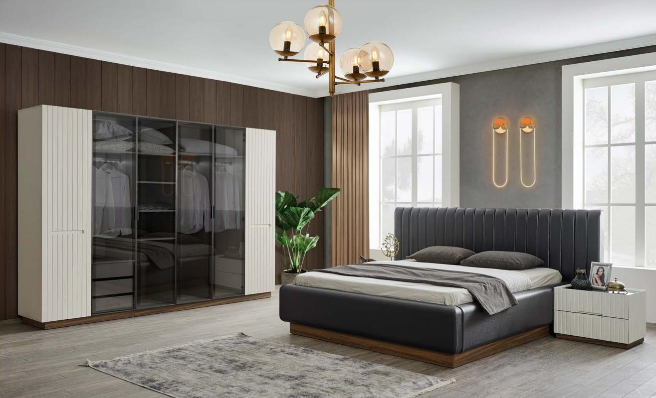 Stylish bedroom designer set textile double bed elegant wardrobe