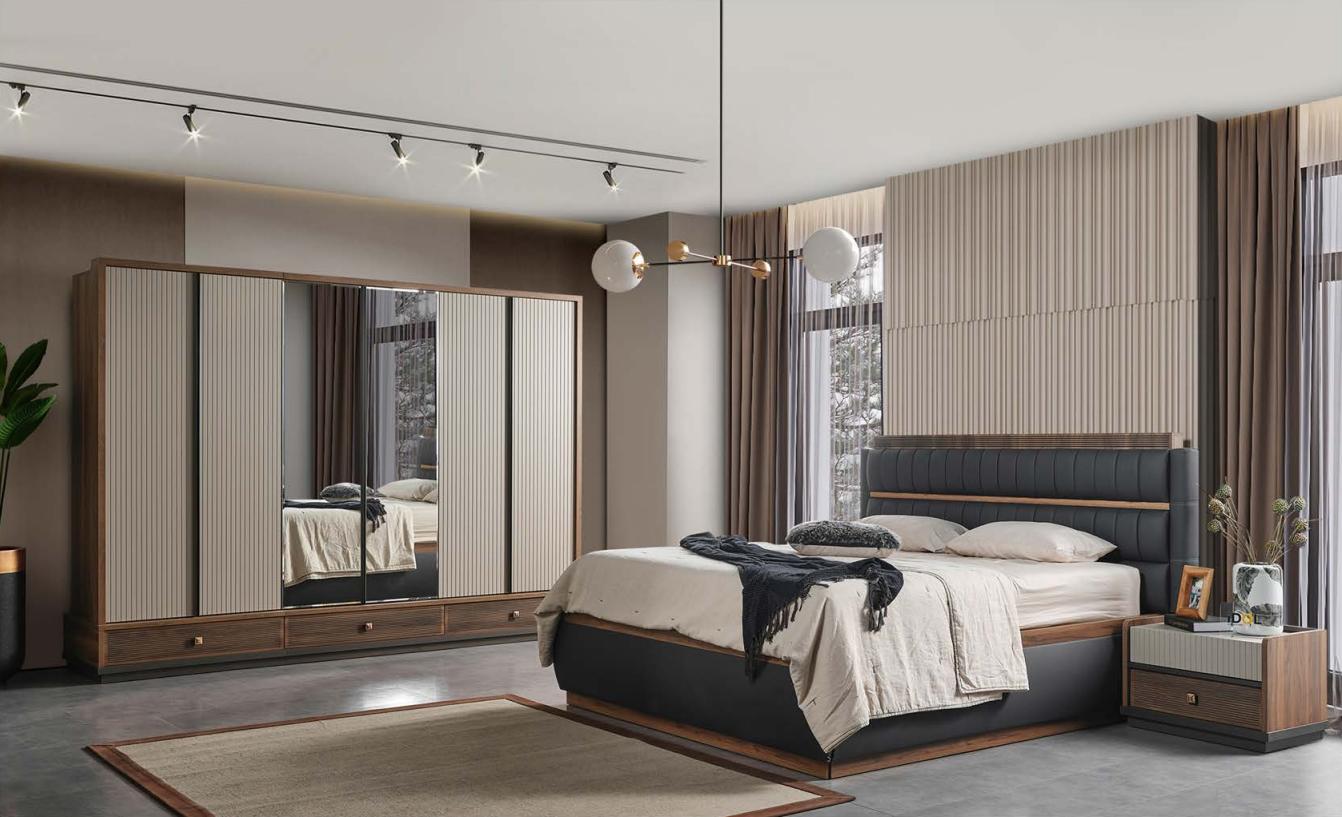 Two-color bedroom designer set double bed wardrobe chest of drawers