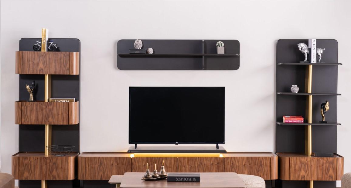 Living room wall TV stand sideboard RTV lowboard shelves cabinet wood brown