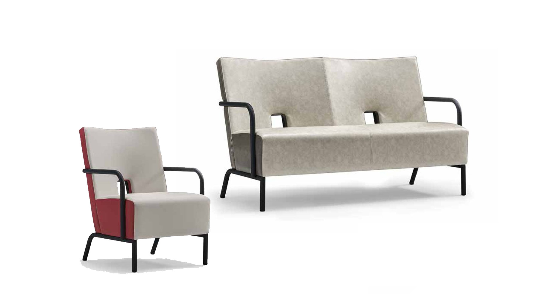 Sofa set 2+1 seater in leather, modern design in gray color for the living room.