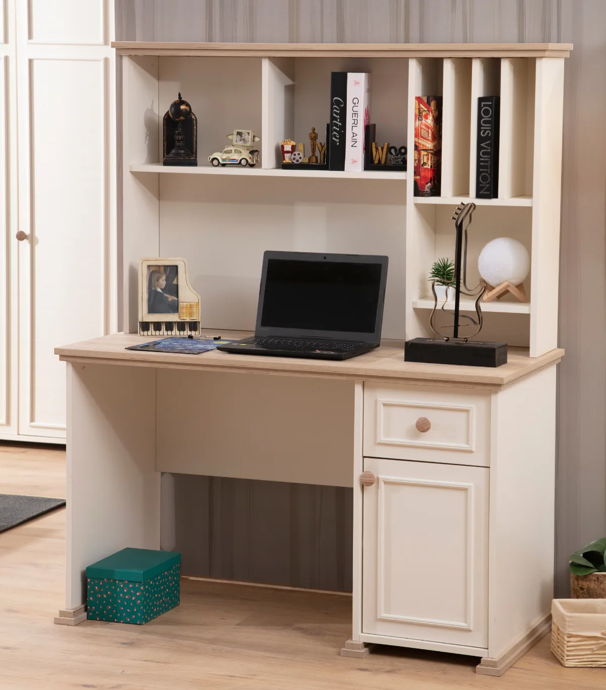 Beige designer desk for youth room, wooden furniture for children\'s room.