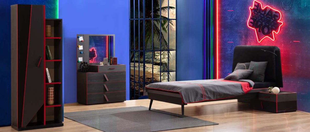 Black-Red Children\'s Room Set Modern Furniture Bed Bookshelf Table