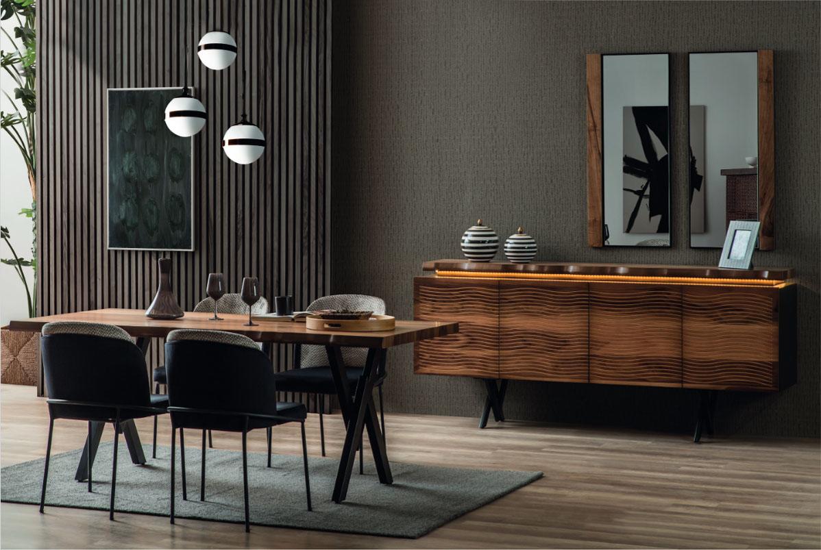 Complete brown-black dining group designer wooden dining table upholstered chairs