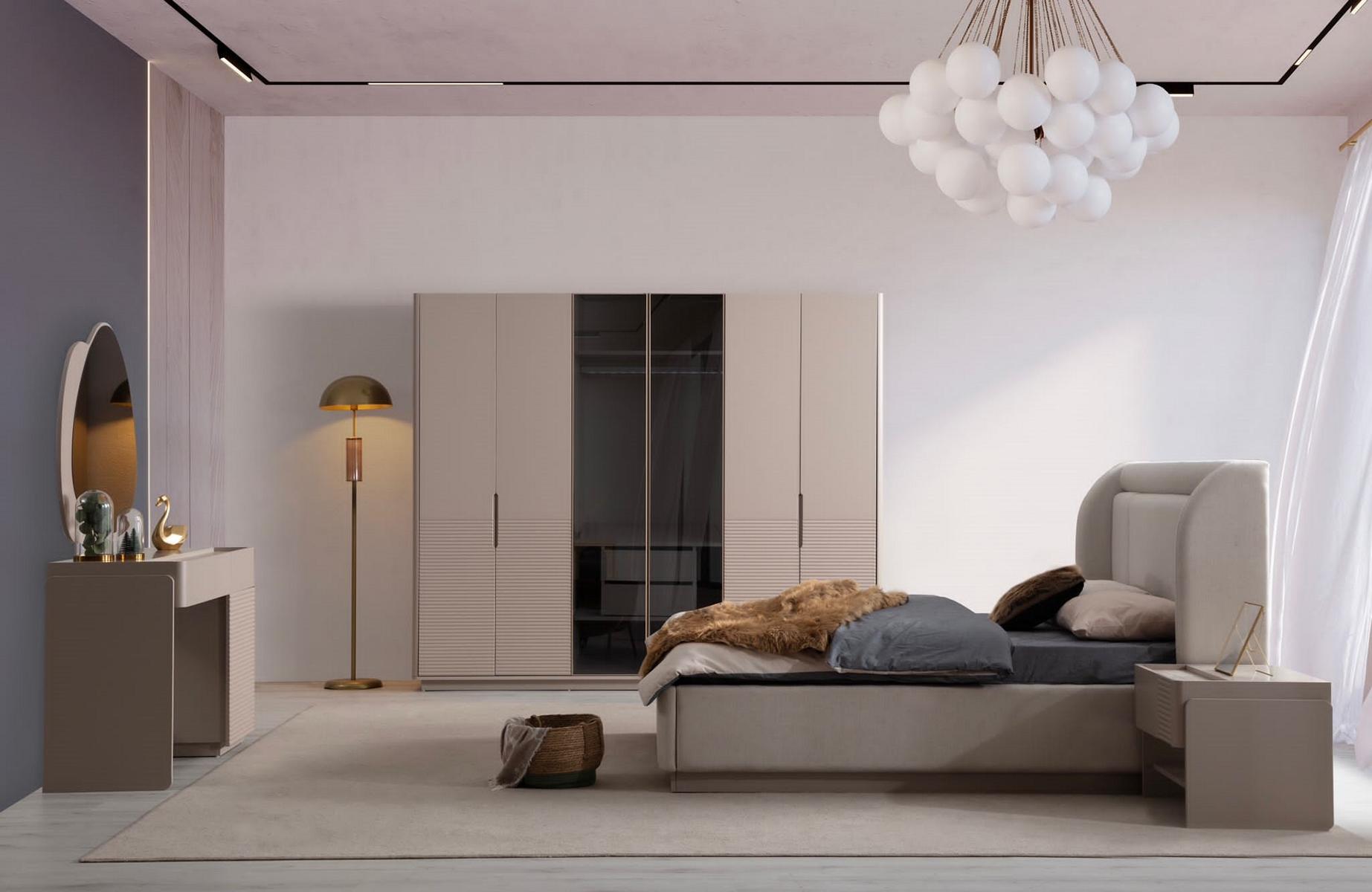 Designer beige bedroom set bed, 2 nightstands, wardrobe, 5 pieces.