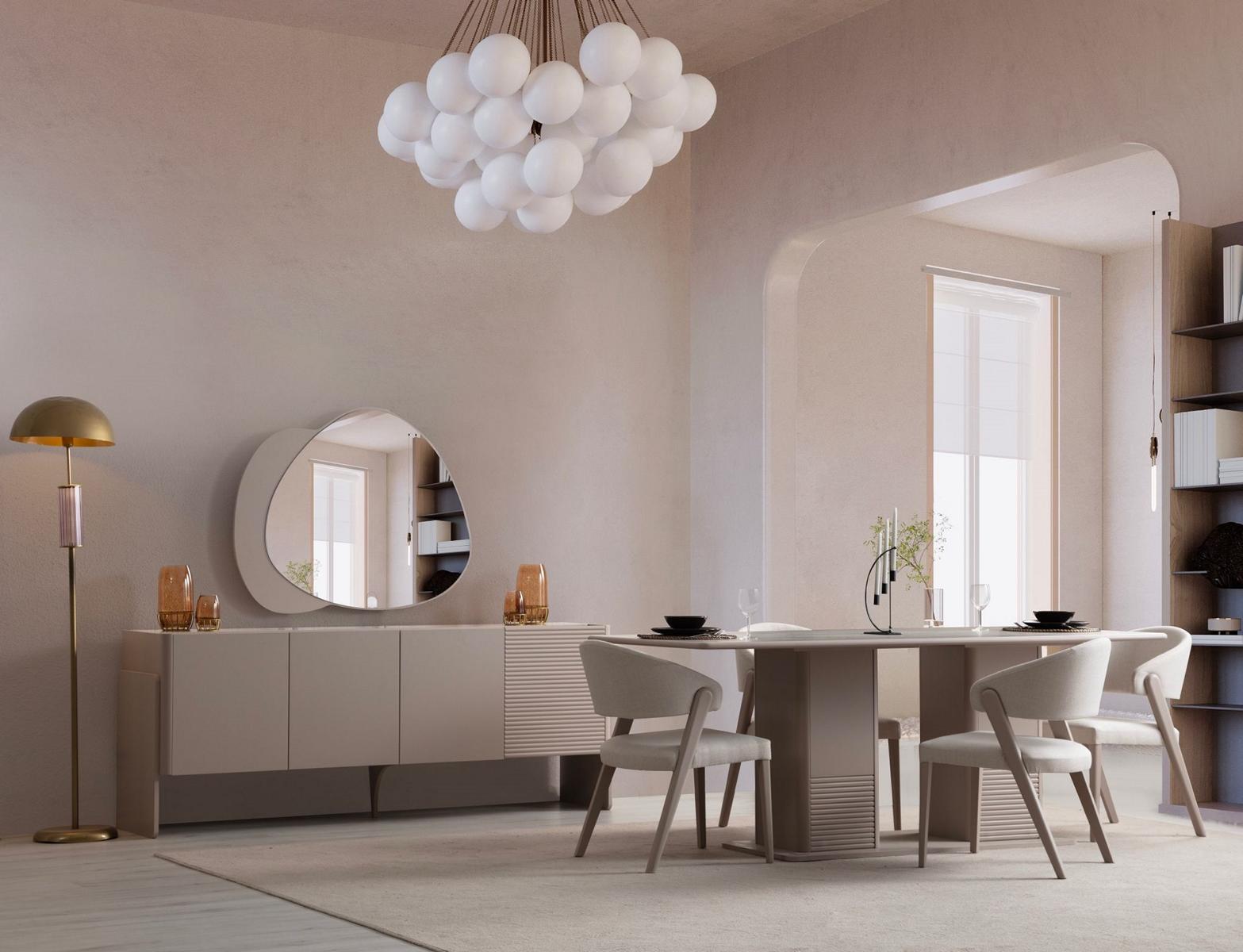 Luxurious beige dining room set, wooden table, 4 upholstered chairs, sideboard, 6 pieces.