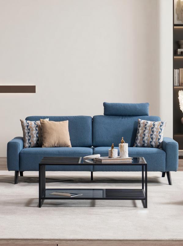 Modern Sofa 3-Seater Blue Upholstered Sofas Design Textile Living Room Three-Seater