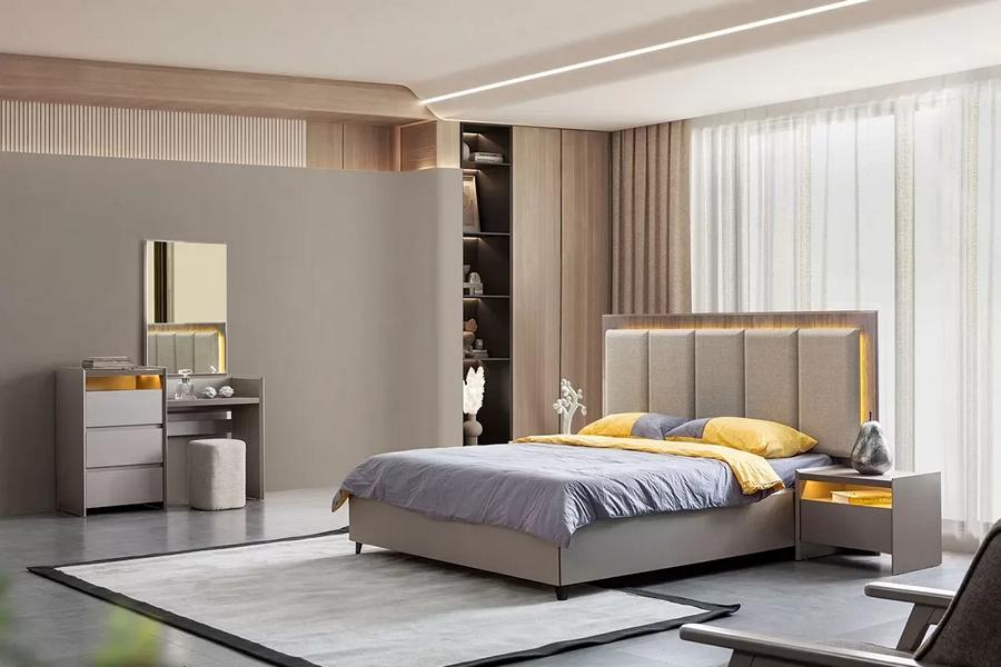 Gray bedroom set bed with 2 nightstands & stylish vanity table