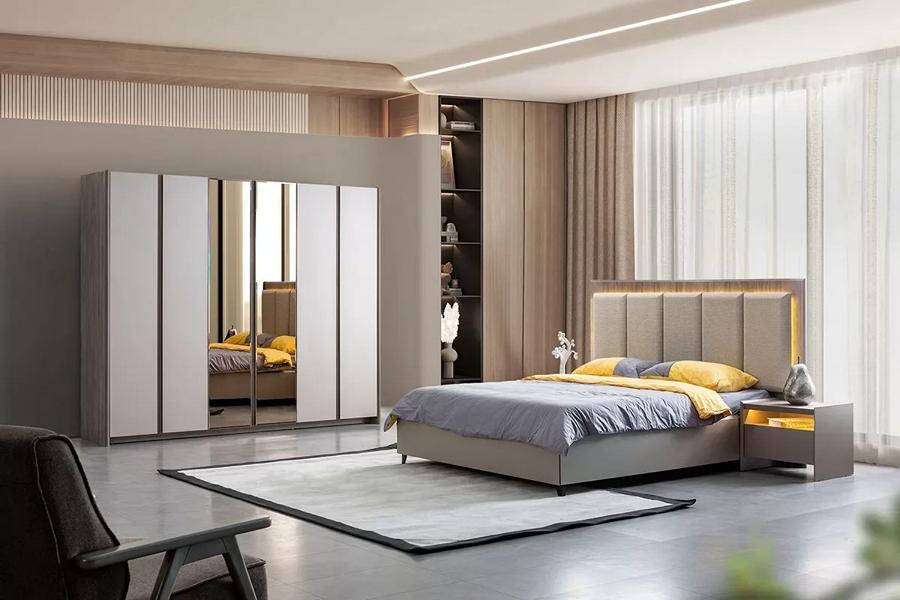 Bedroom set gray bed with 2 nightstands & spacious wardrobe 4-piece.