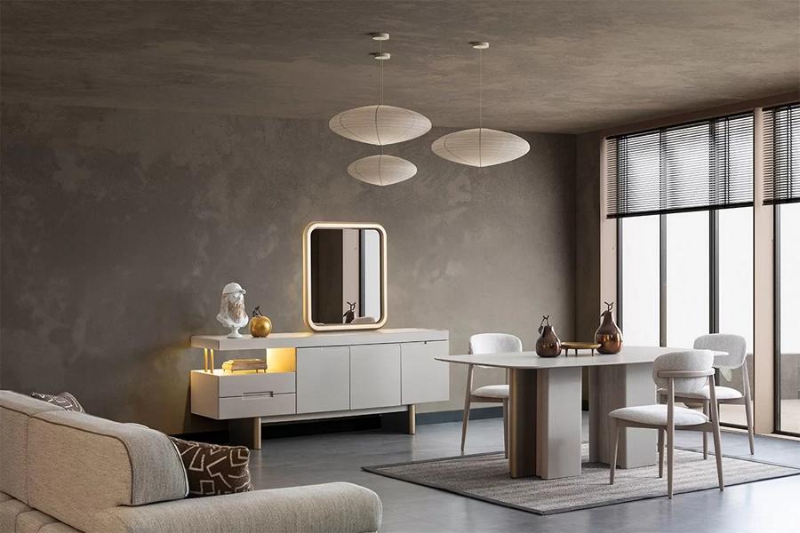 Modern dining room set beige dining ensemble 8 pieces. Table chair 6x cabinet.