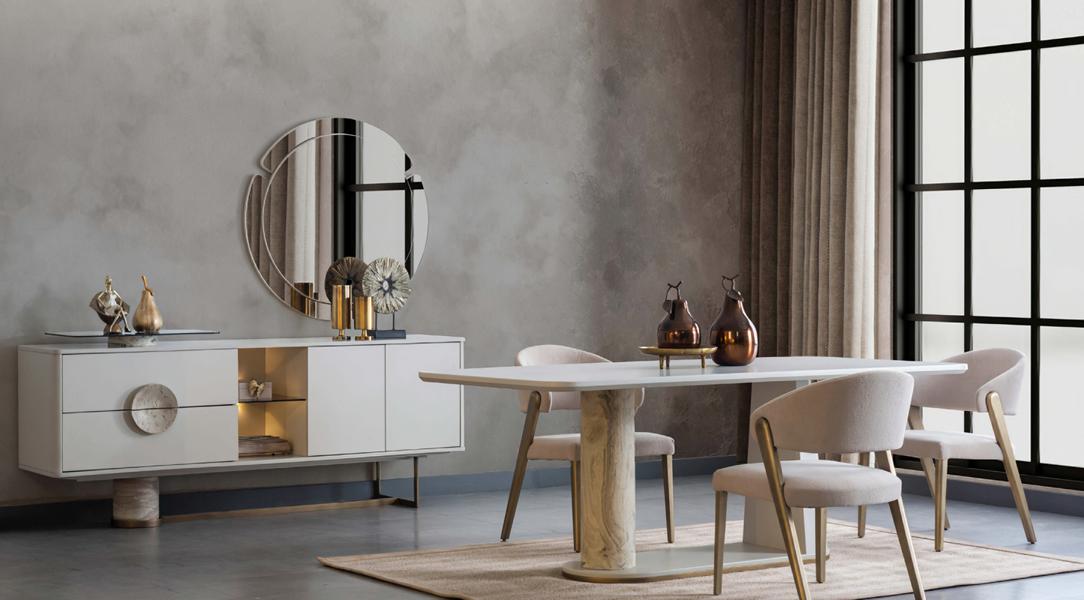 Dining room set 8 pieces. Living room furniture, table, 6 chairs, sideboard.