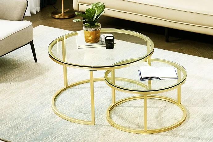 Coffee tables 2 pieces glass tabletop metal gold-colored legs living room furniture