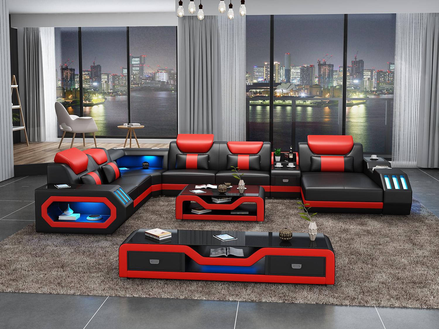 Design Big Sofa with USB Corner Sofa Couch Living Area U Shape Leather Textile Corner