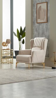 Modern Armchair Living Room Upholstered Chair Single Fabric Beige Seating Furniture