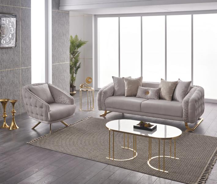 3-seater sofa set, fabric, 2 pieces, upholstered sofa, gray.