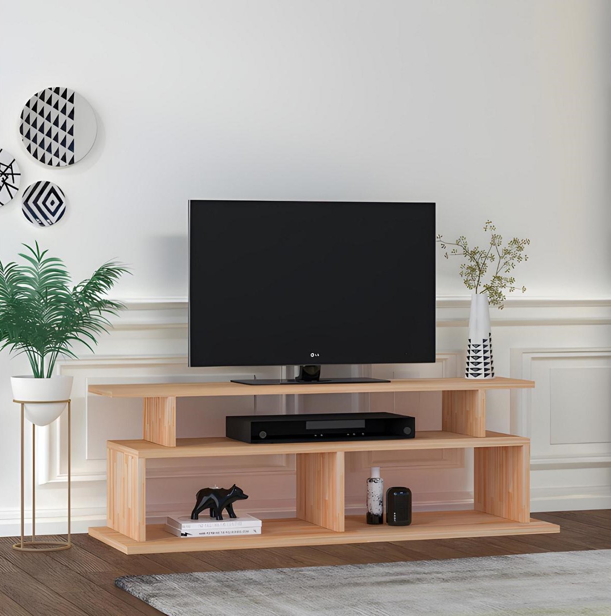 Stylish beige TV stand living room sideboard robust wood shelf