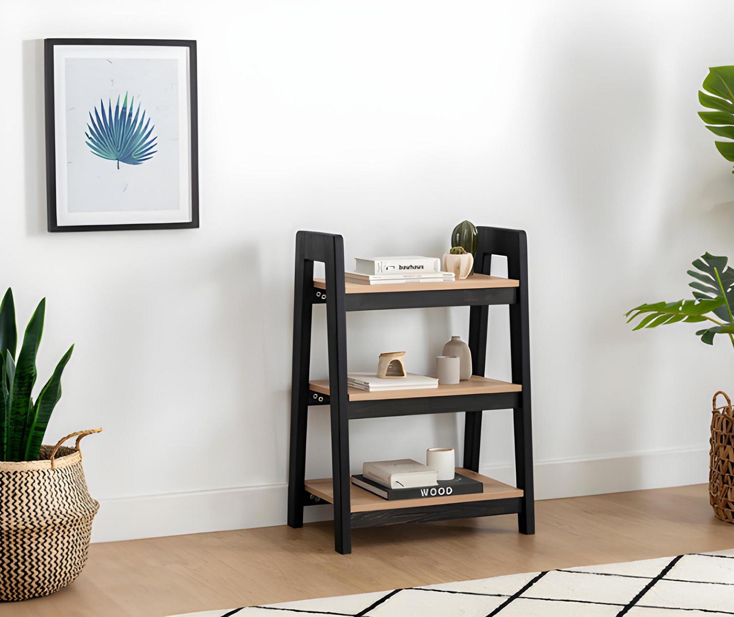 Black-Beige Bookshelf Wooden Free-standing Shelves Children\'s Luxury Storage Furniture