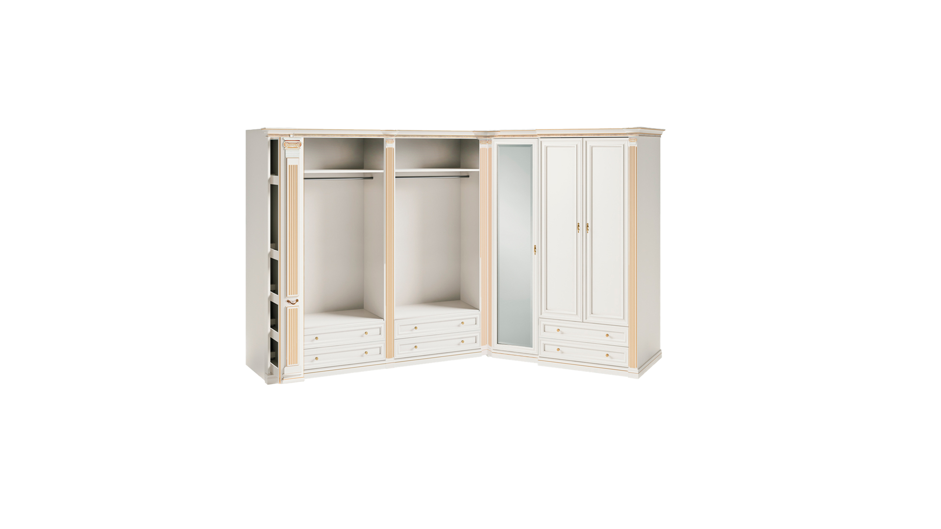 Designer beige wardrobe solid wood L-shape robust elegant cabinets