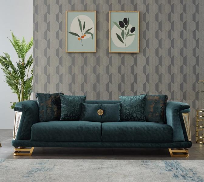 Three-seater sofa, fabric sofa, upholstered sofa, couch, blue, modern.