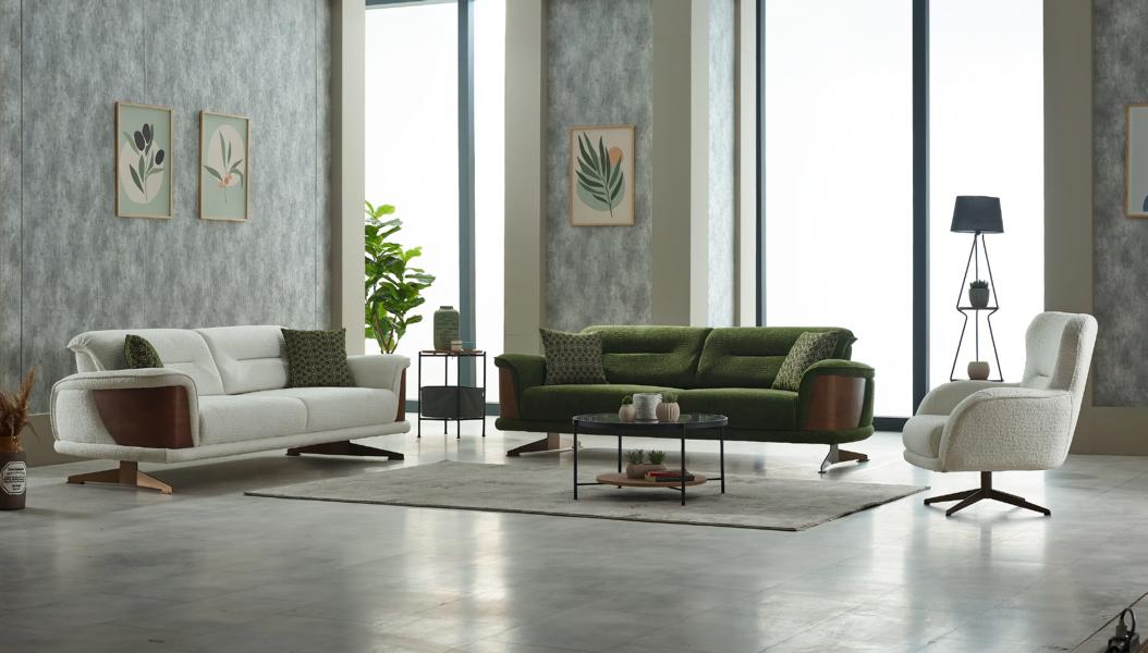 Sofa set upholstered sofa three-seater armchair white green couch fabric 3-piece