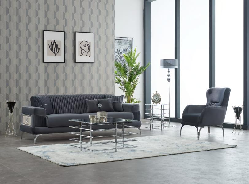 Sofa set, upholstered three-seater, fabric gray, 2-piece couch and armchair.