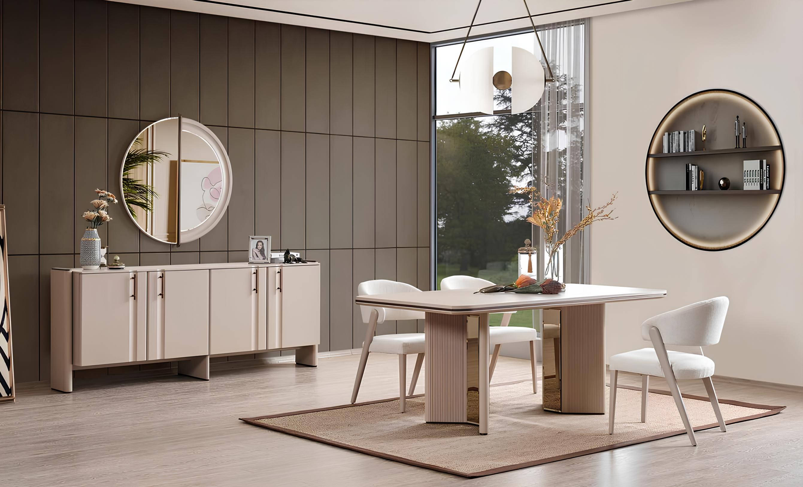 Complete beige dining room set dining table chairs sideboard mirror