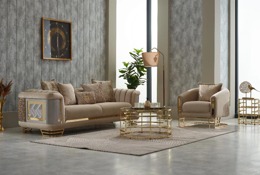 Upholstered sofa couch set three-seater armchair beige fabric sofa 2-piece