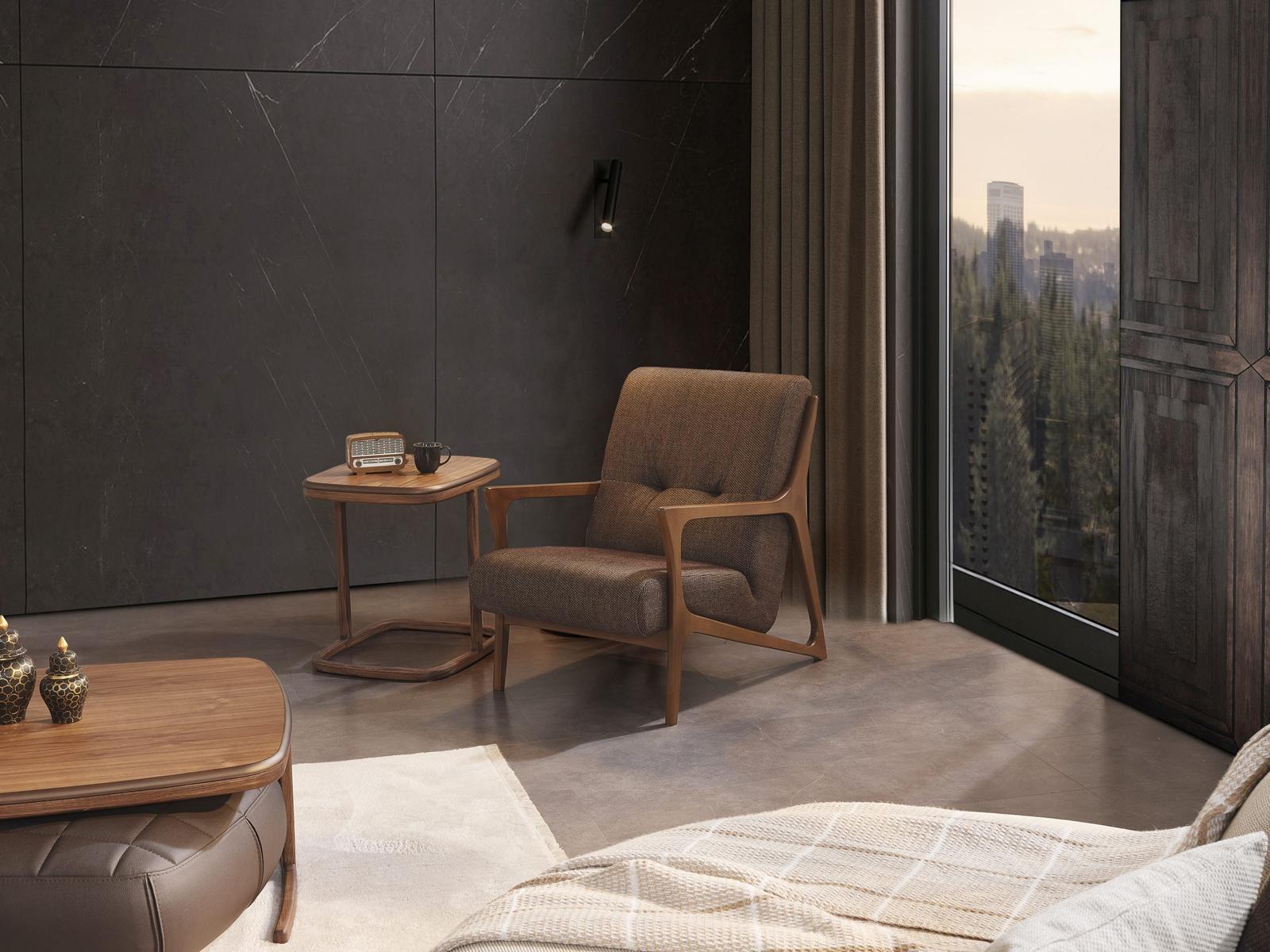 Brown armchair upholstered furniture living room wooden decor luxury textile new