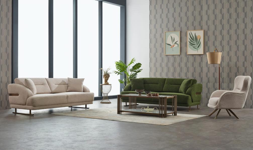 Complete couch set upholstered sofa three-seater armchair green fabric sofa