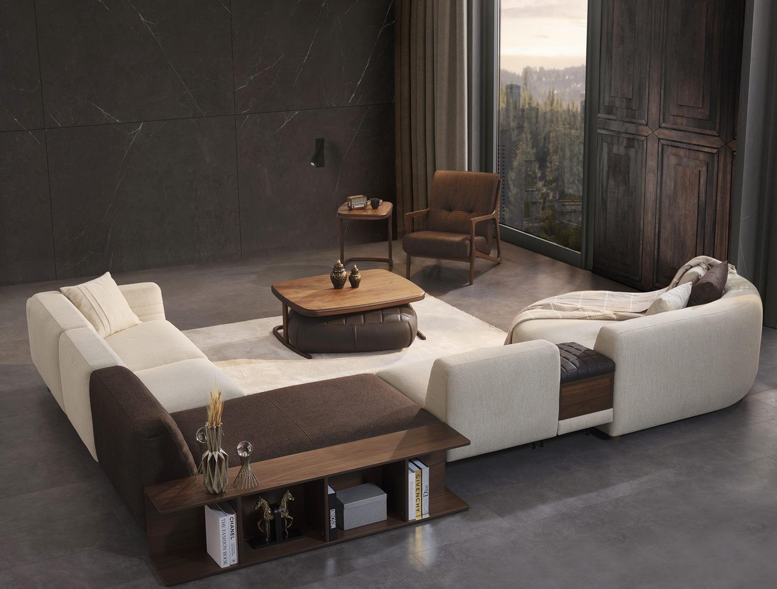 Living room set corner sofa U-shape new armchair luxury wooden coffee table stool