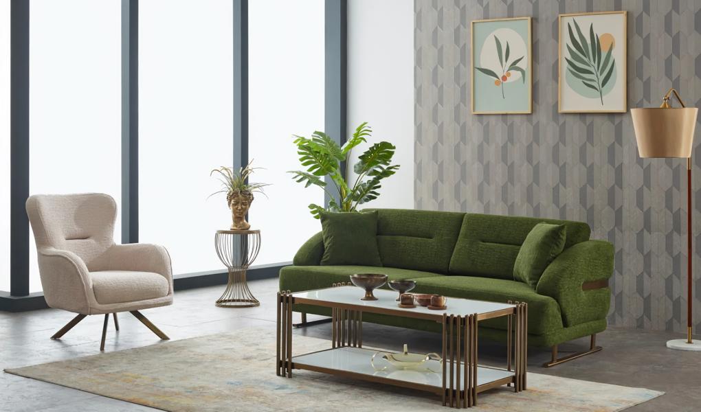 Upholstered sofa seating group three-seater armchair green fabric sofa 2-piece