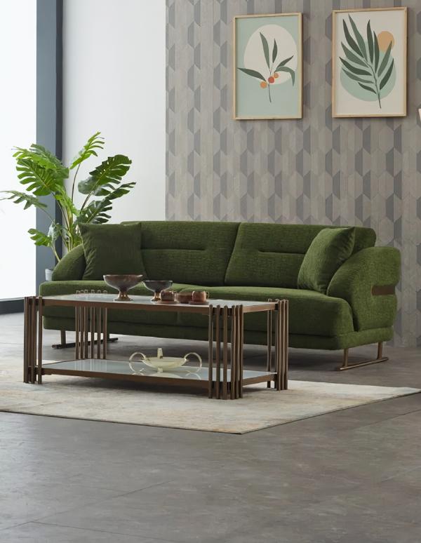 Upholstered three-seater sofa, fabric sofa, couch, green luxury sofas.