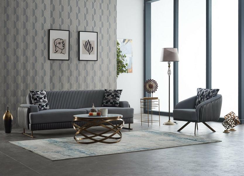 Complete upholstered sofa chair three-seater fabric sofa gray sofa 2-piece set