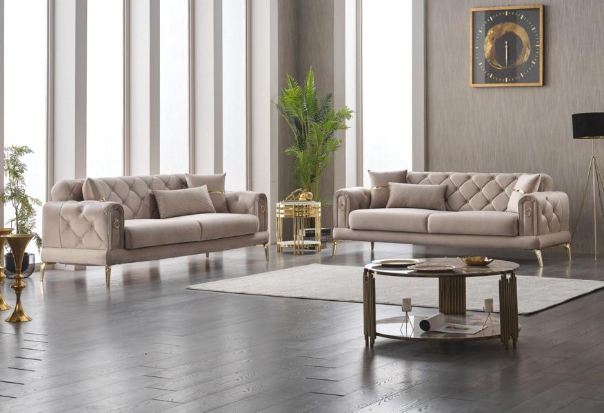 Group of upholstered sofa fabric sofa couch three-seater sofa 3-seater beige 2-piece.