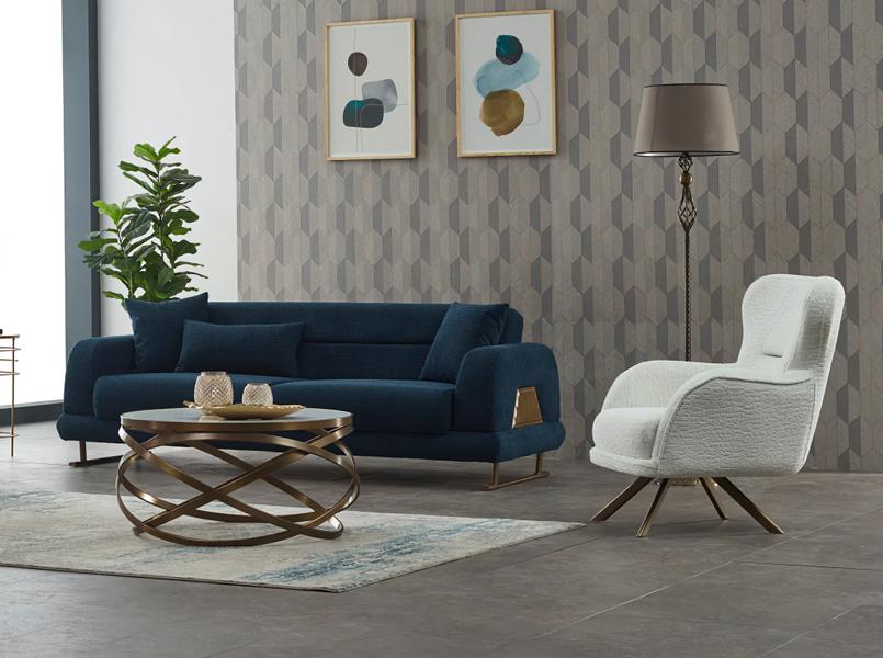 Sofa set, three-seater couch, upholstered fabric, 2 pieces, blue.