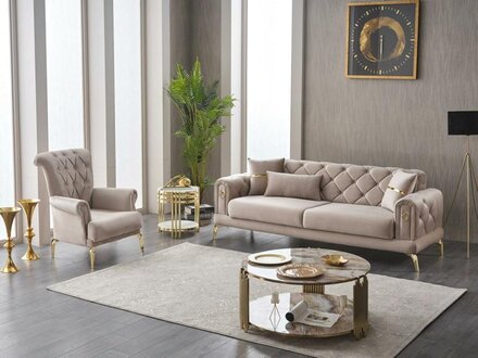 Beige Luxury 2-piece Fabric Sofa Set, Three-Seater Sofa and Armchair