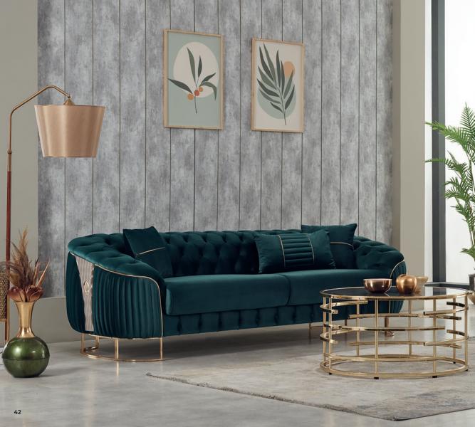 Three-seater sofa, fabric sofa, upholstered couch, green luxury sofas.