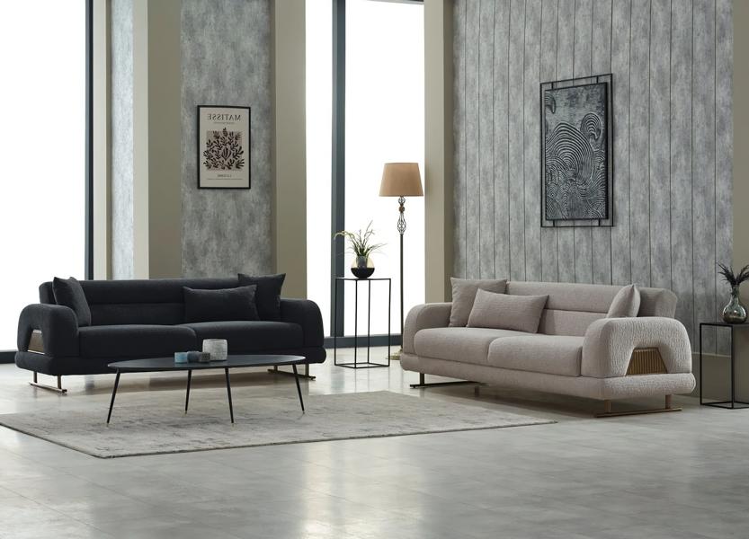 Sofa set, upholstered sofa, three-seater fabric sofa, 2 pieces, black beige.