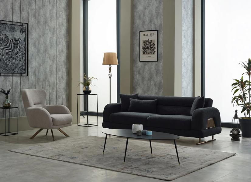 Sofa set upholstered sofa three-seater chair fabric black 2-piece sofa set