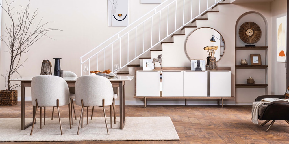 Modern white dining room set dining table with 4 upholstered chairs elegant sideboard