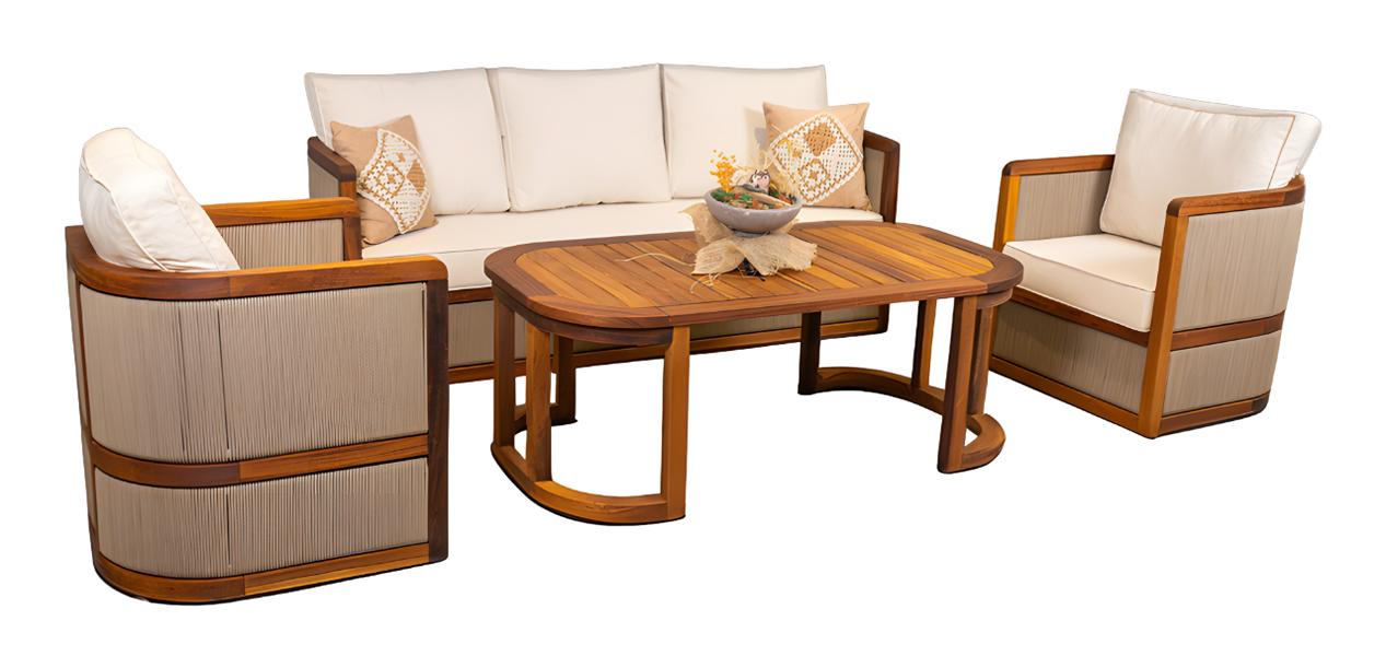 Patio furniture garden furniture coffee table sofa armchair wood 4-piece set beige