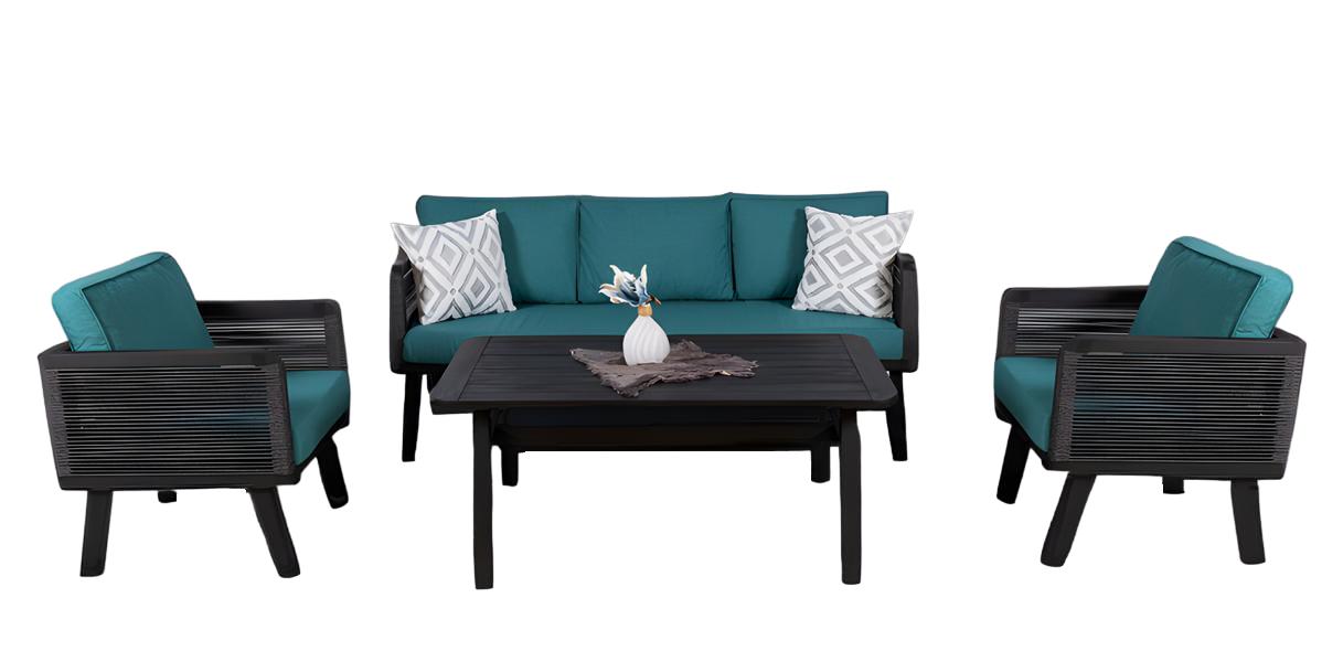 Garden furniture lounge set couch armchair coffee table seladon wood 4-piece