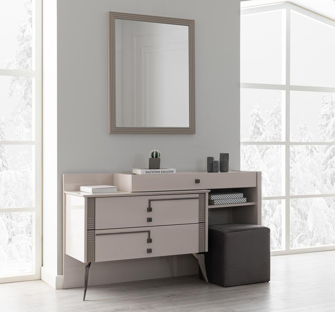 Beige bedroom set designer vanity table with mirror and stool 3 pieces
