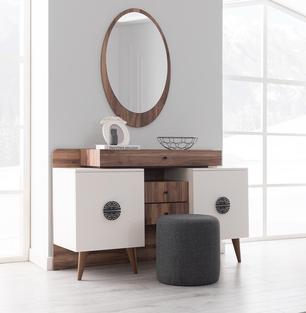 Brown-White Makeup Table with Mirror Luxurious Bedroom Wooden Furniture