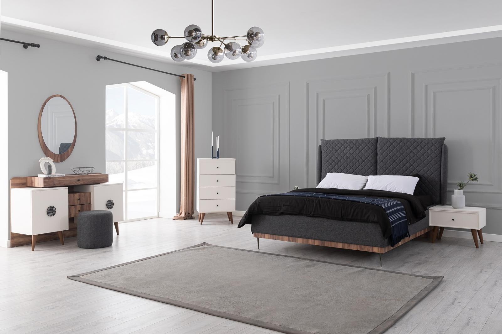 Black and white bedroom set designer bed vanity dresser 6 pieces