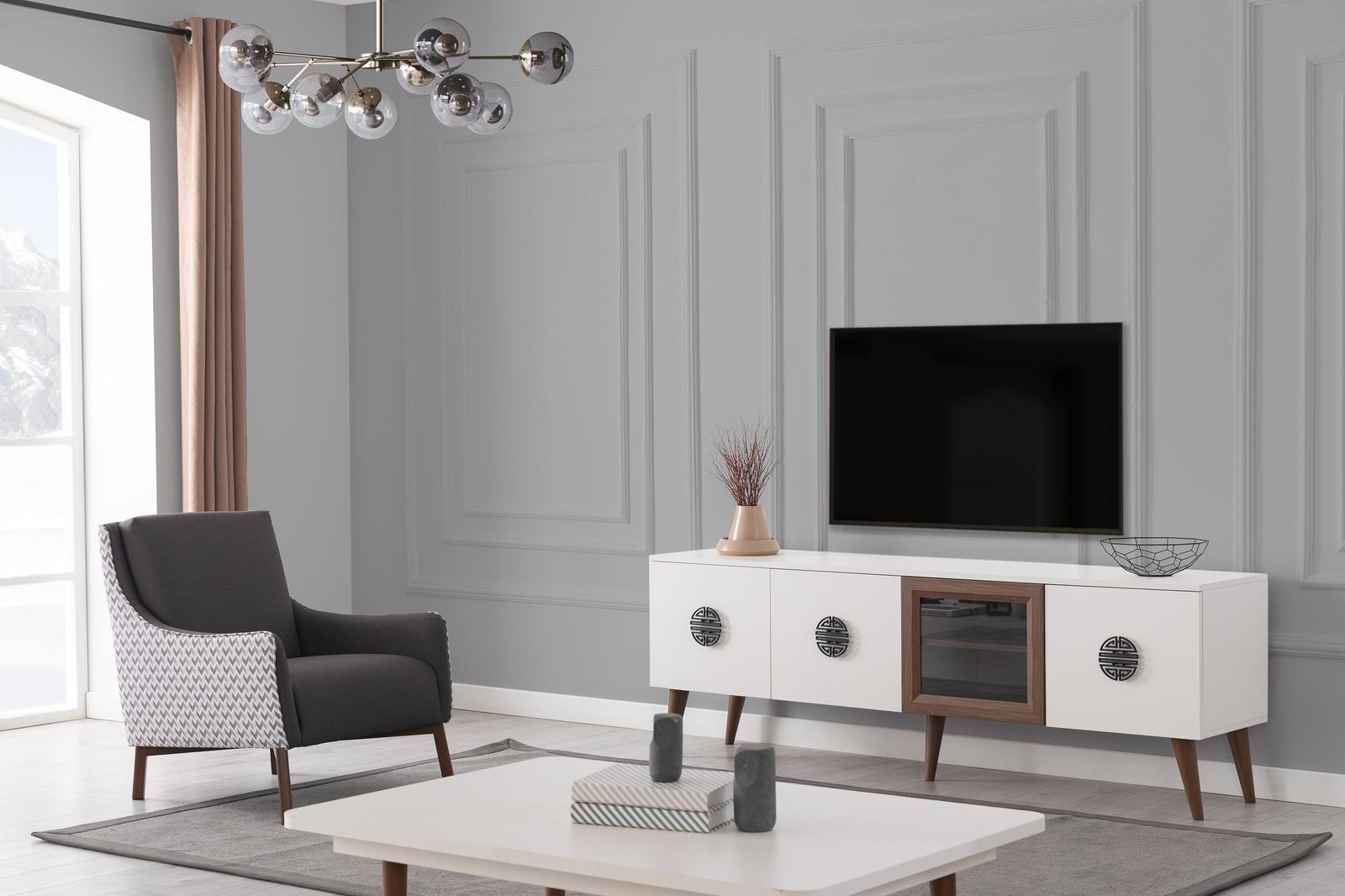 White living room set TV cabinet rectangular coffee table wood furniture