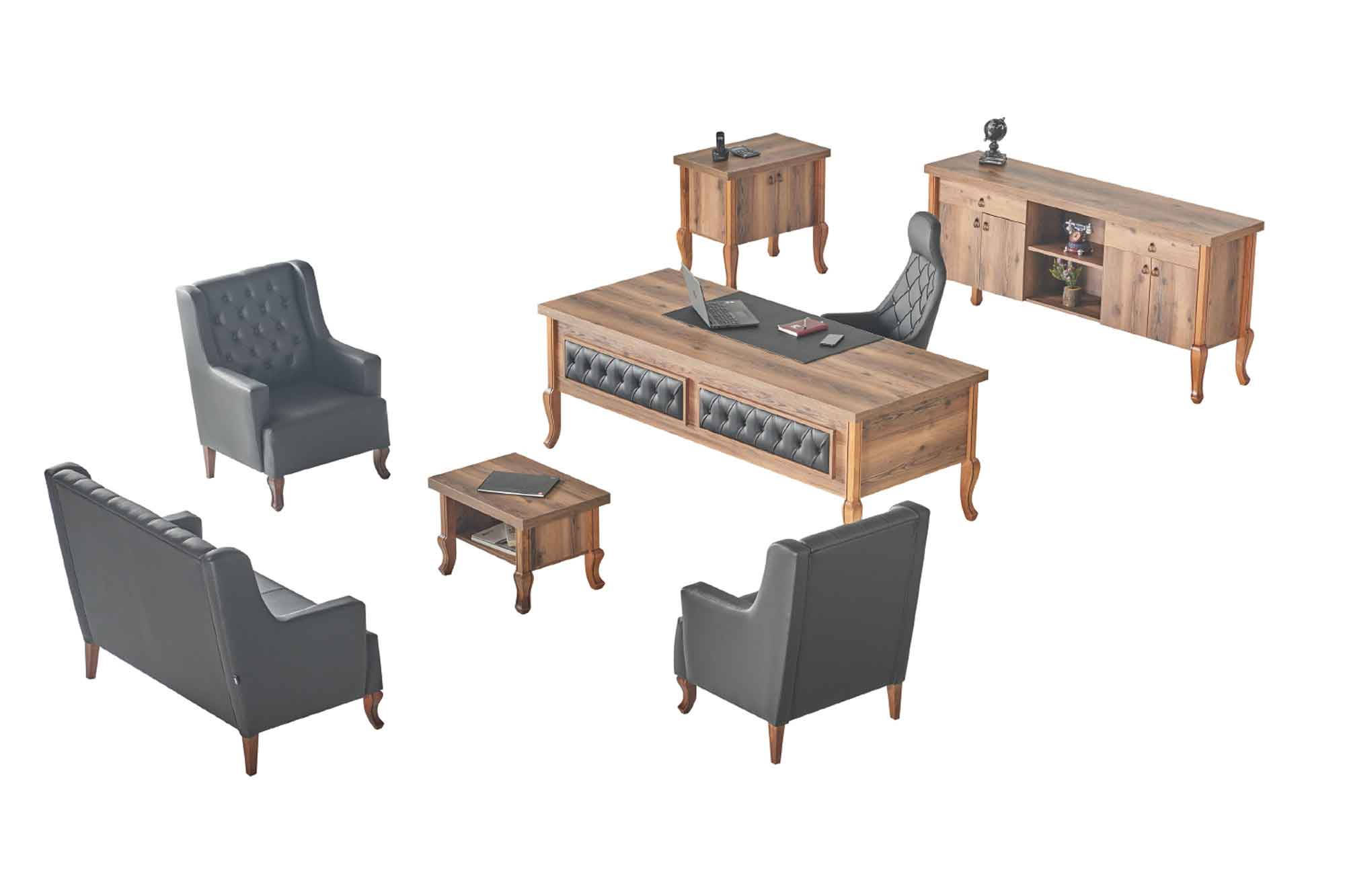 Desk, executive chair, sideboard, seating furniture, office equipment, wood, leather sofas.