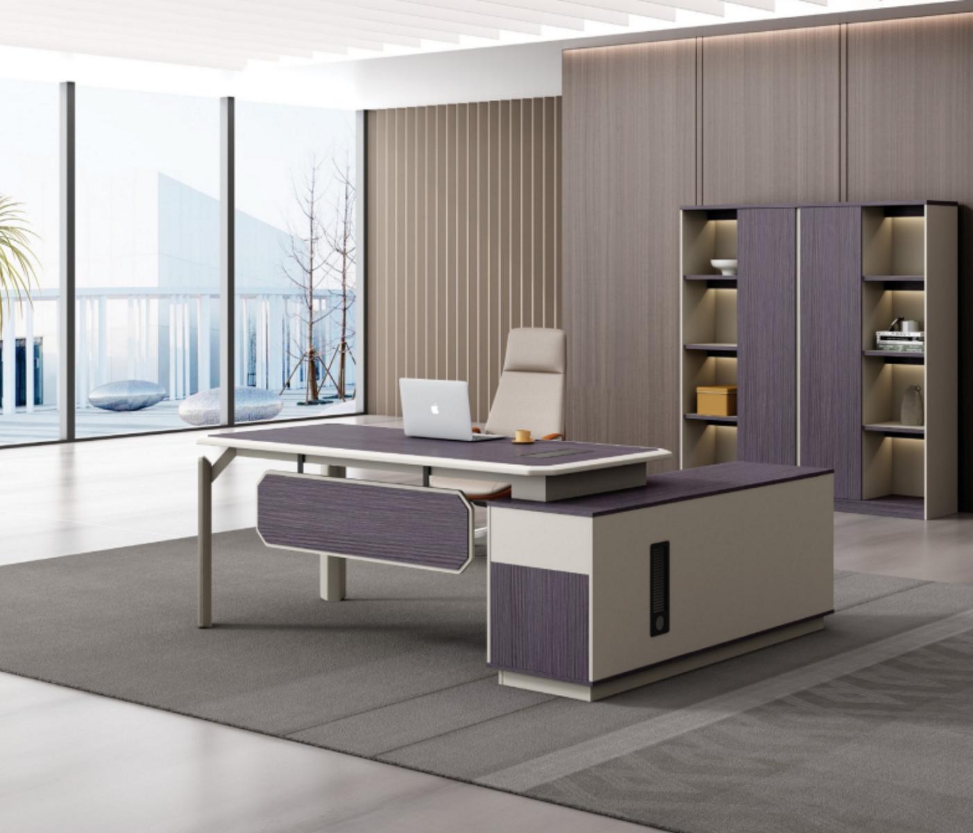 Designer L-shaped desk with filing cabinet office furniture executive room setup 2-piece set.