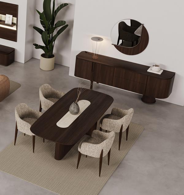 Sturdy brown dining table with 4 chairs, sideboard, mirror, modern 7-piece dining room set.