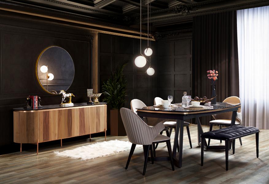 High-quality dining room set dining table with 4 chairs, stools, and dresser with mirror.