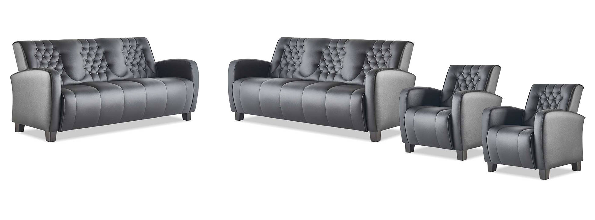 Chesterfield Sofa Set 3-Seater Armchair Black Reclining Armchair Couch Leather Wood